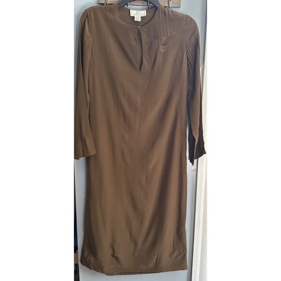 Soo Yung Lee 100% Silk Midi Dress Women’s Size 4 Dark Olive Green Quarter Sleeve - Picture 4 of 6